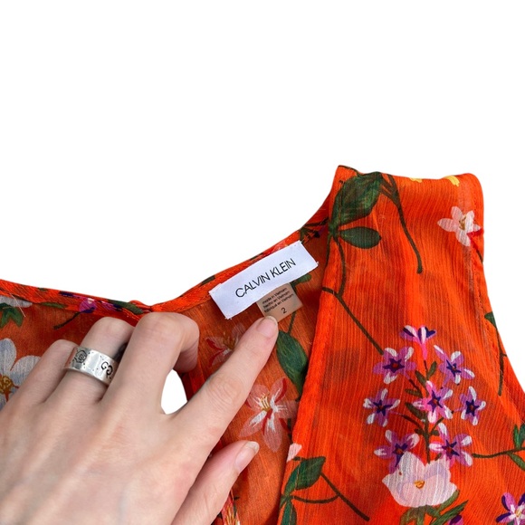 Calvin Klein Women’s Orange Floral Printed V Neck Sleeveless High Low Maxi Dress - Picture 5 of 8